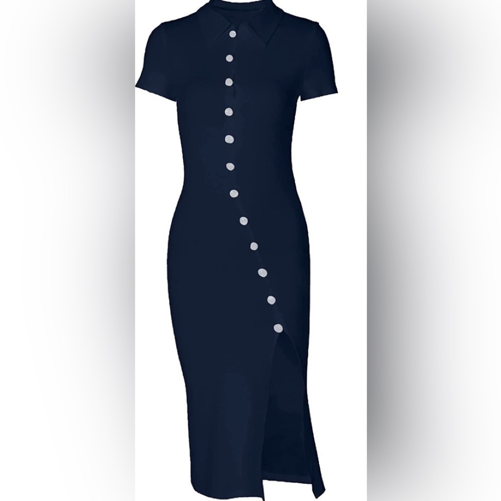 Women Collar Medium Sexy Button Split Dress - Picture 3 of 5